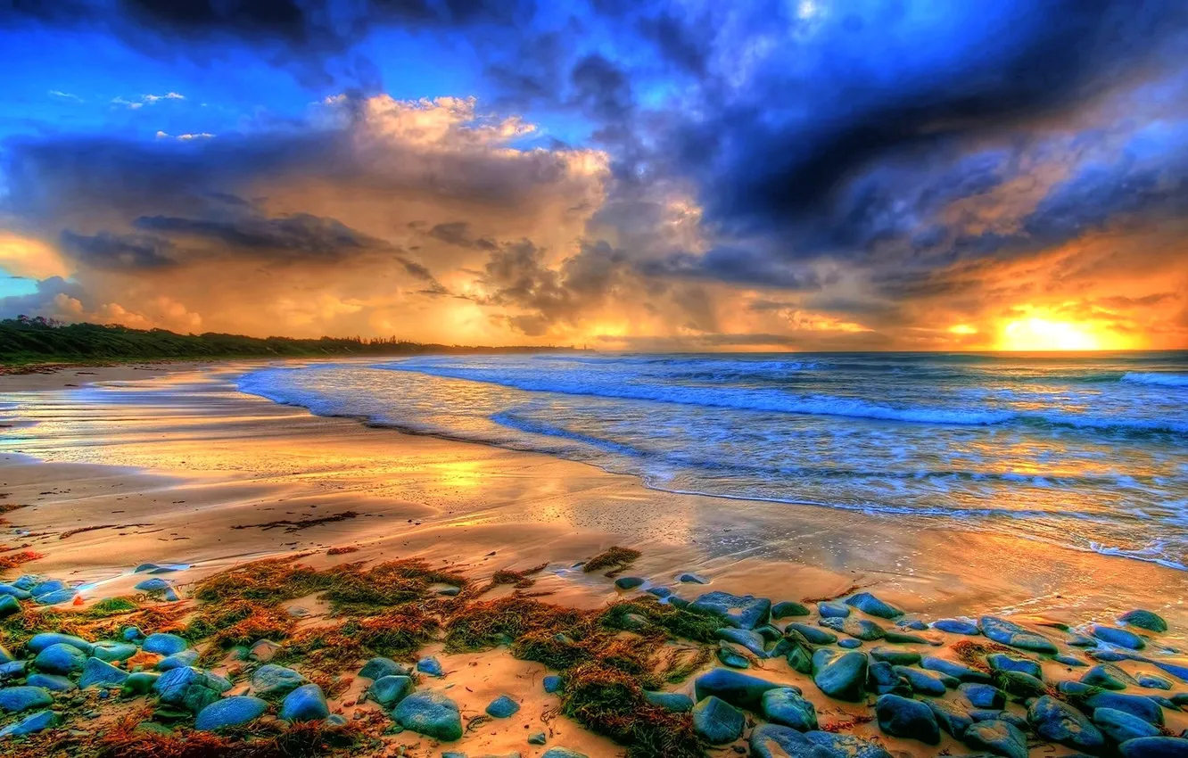 Photo wallpaper sea, clouds, stones, shore, HDR, the evening, tide, glow
