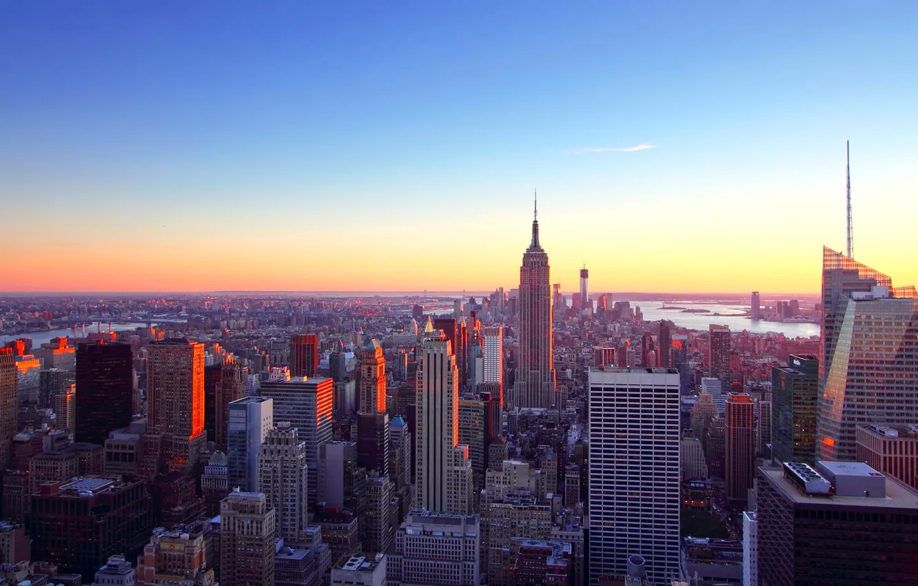 Photo wallpaper the sky, dawn, tower, home, skyscrapers, panorama, megapolis