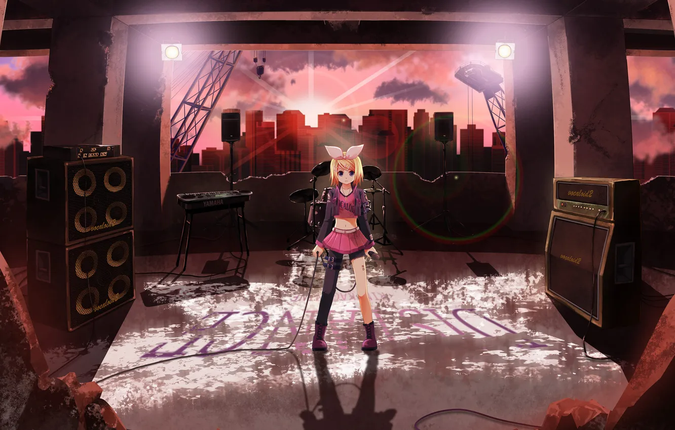 Photo wallpaper girl, the sun, the city, dynamics, art, microphone, ruins, vocaloid