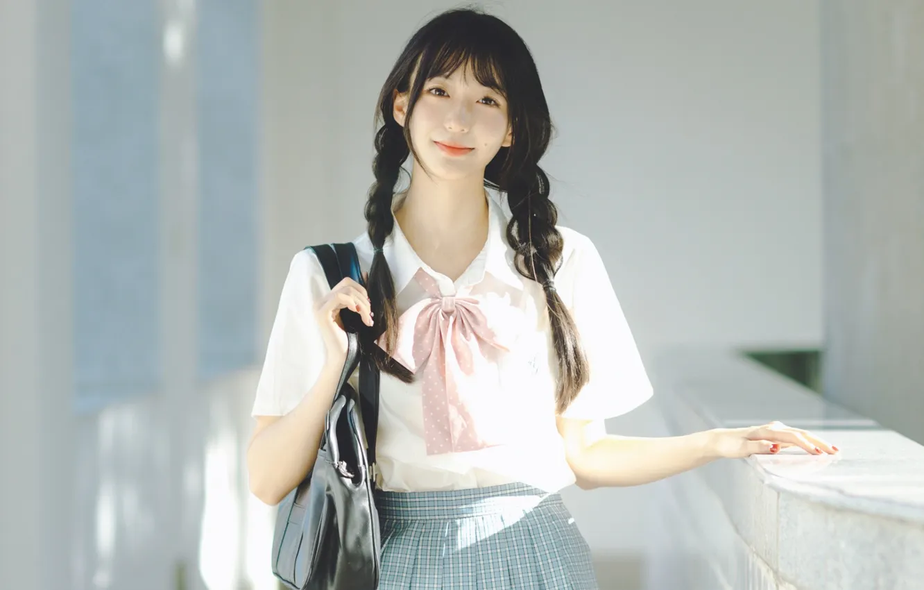 Photo wallpaper woman, smile, beautiful, model, pretty, asian, bag, cute