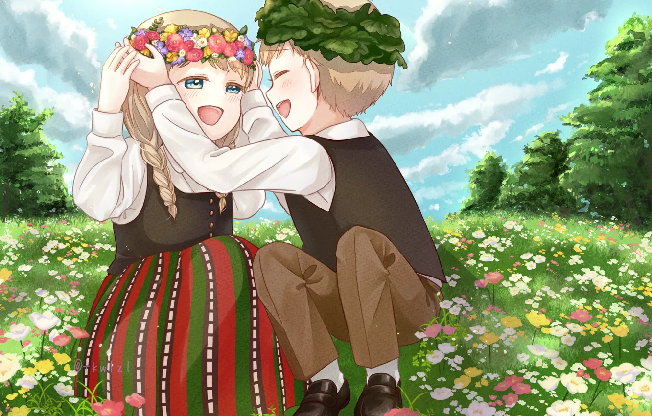 Photo wallpaper summer, children, glade, laughter, wreath