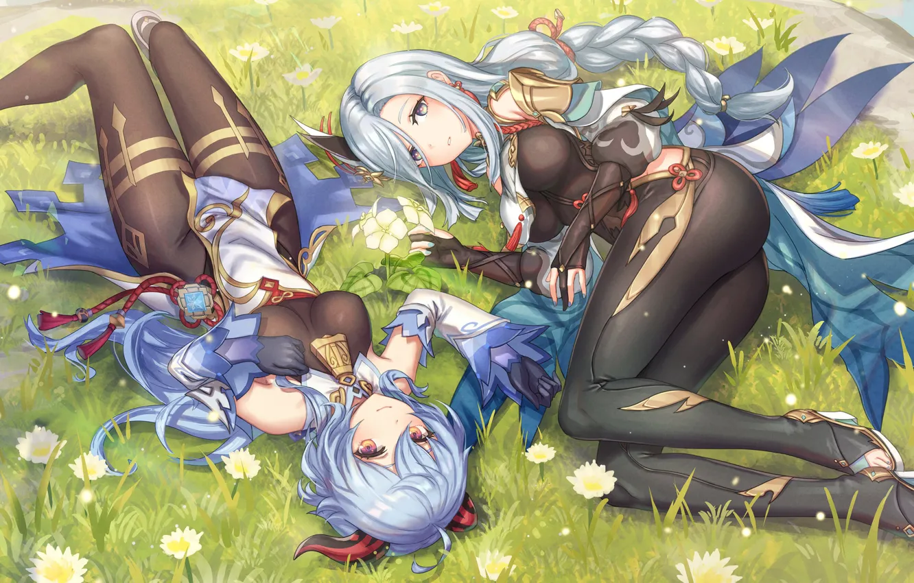 Photo wallpaper grass, girl, flowers, Genshin Impact, Ganyu, Shenhe, by anbe yoshirou