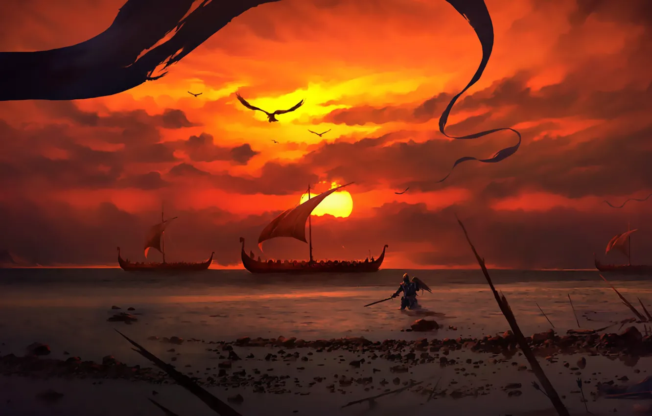 Photo wallpaper Sunset, Sea, Figure, Ship, Warrior, Ships, Battle, Art