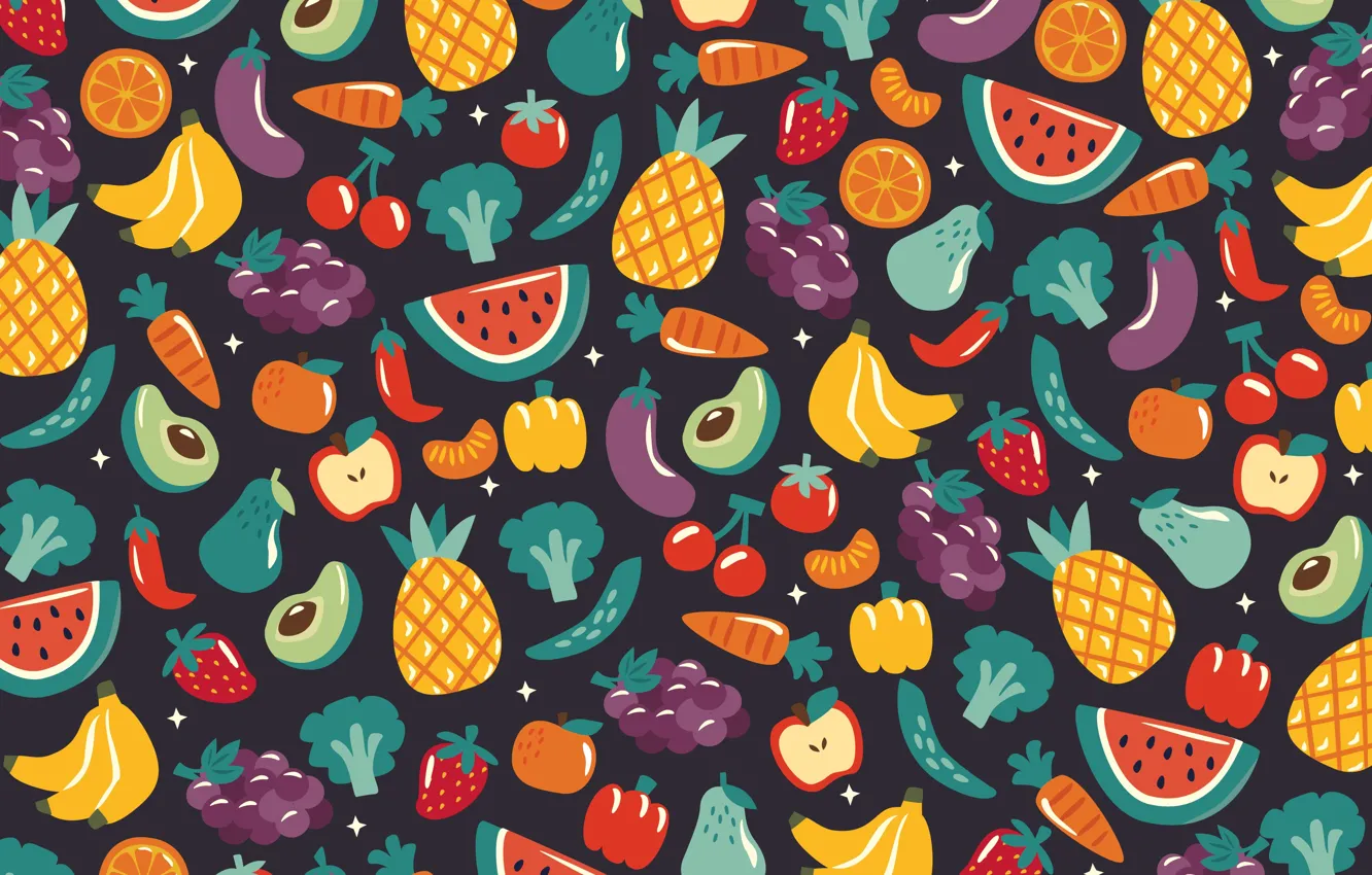 Photo wallpaper cherry, berries, the dark background, apples, orange, texture, watermelon, strawberry