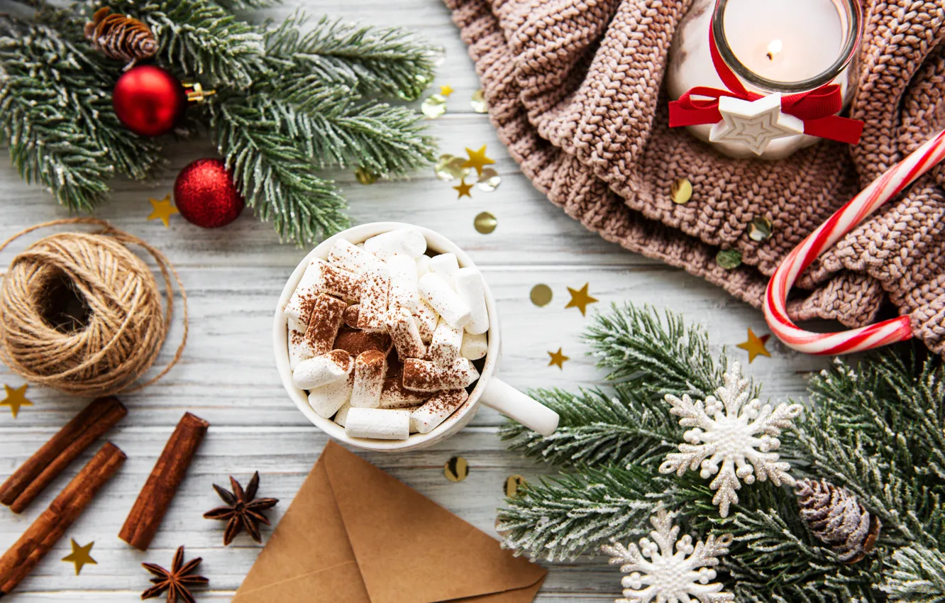 Photo wallpaper winter, branches, hot, chocolate, ate, Cup, candle, sweater