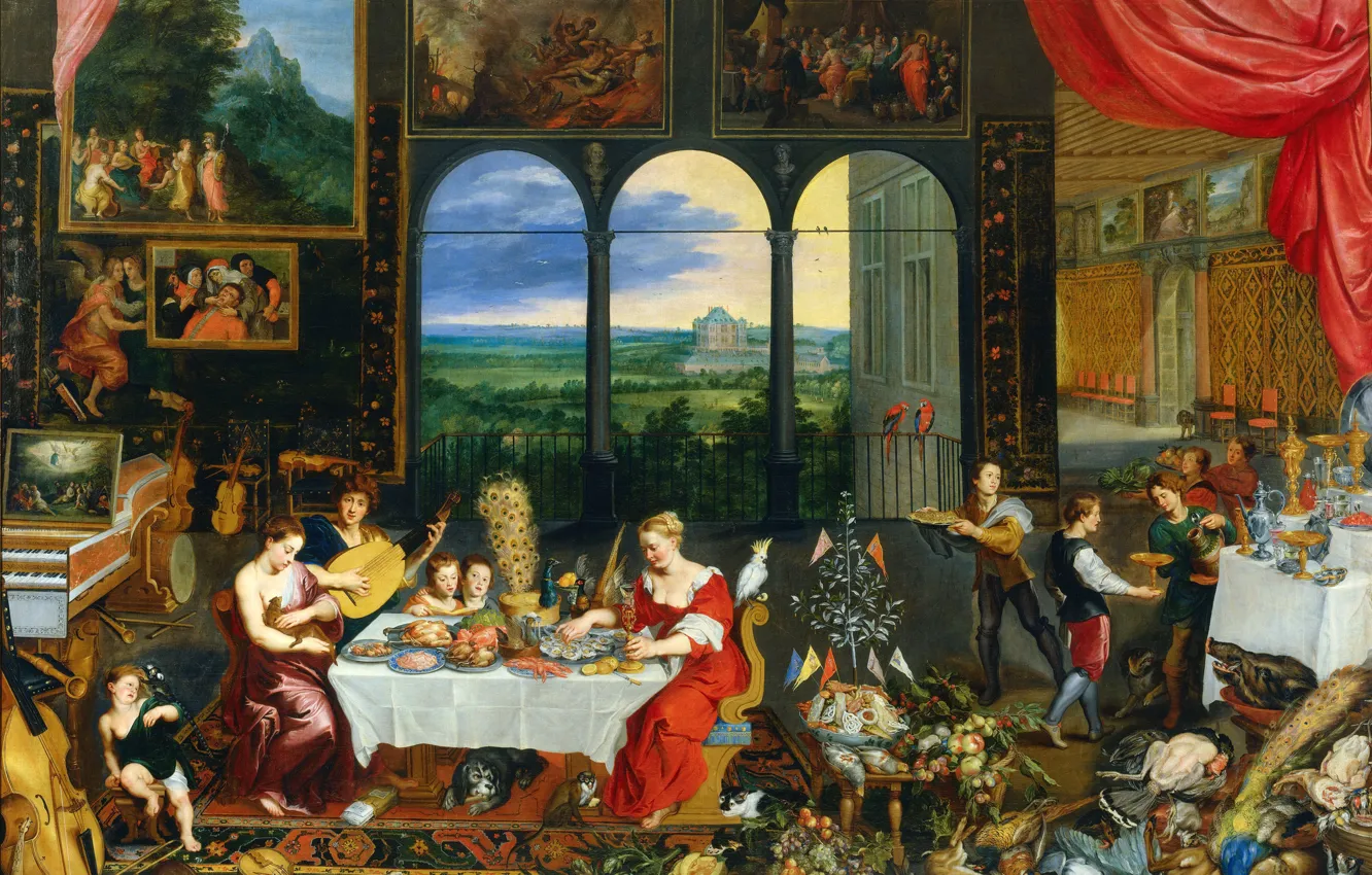 Photo wallpaper picture, genre, Jan Brueghel the elder, The Five Senses. Taste. Hearing and Touch