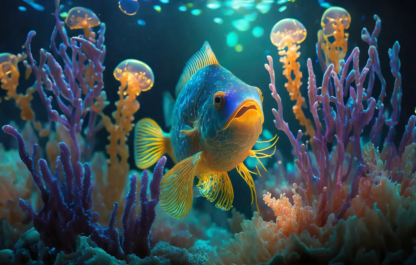 Photo wallpaper sea, fish, fish, corals, jellyfish, underwater world, under water, AI art