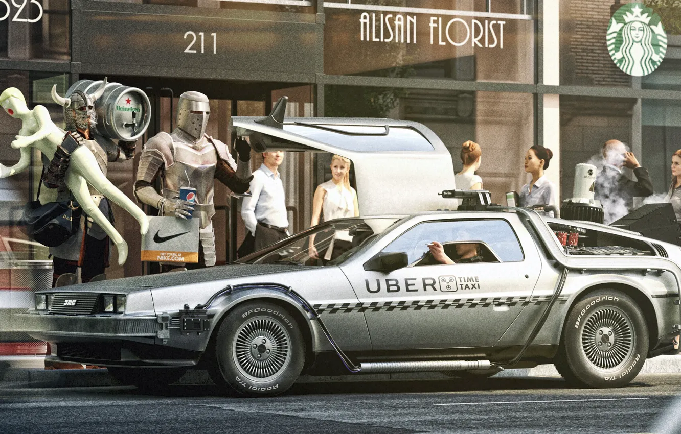 Photo wallpaper Humor, Armor, Knights, City, Car, Warriors, Back to the future, DeLorean DMC-12