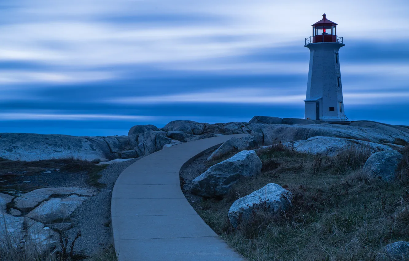 Photo wallpaper road, landscape, nature, stones, the ocean, lighthouse, Canada, twilight