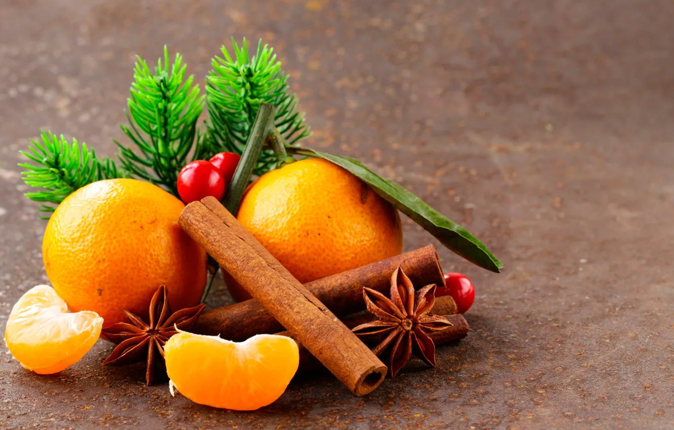 Photo wallpaper close-up, oranges, cinnamon, slices, bokeh, star anise, pine branches, star anise