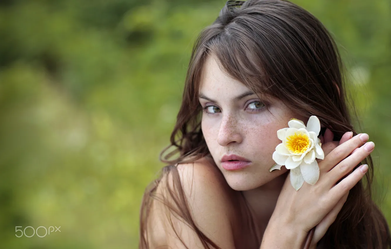Photo wallpaper girl, Model, flower, green eyes, photo, bokeh, brunette, portrait