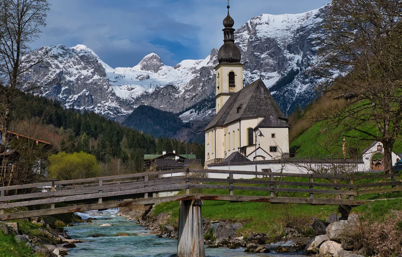 Photo wallpaper mountains, river, shore, Church, the bridge