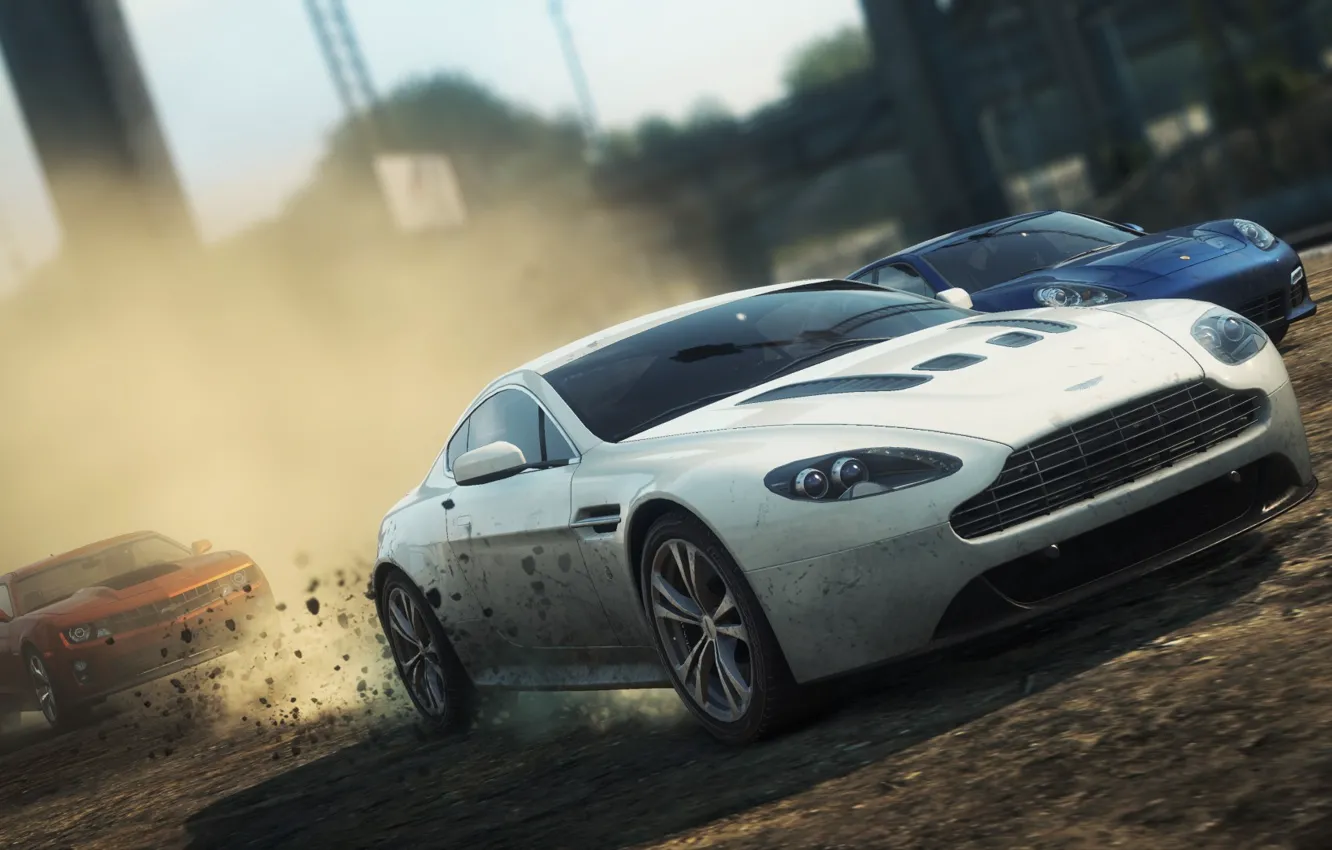 Photo wallpaper the city, race, dust, need for speed most wanted 2, Aston Martin V12 Vantage, Porsche …