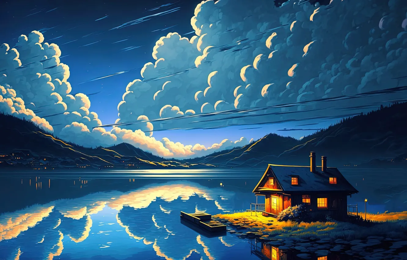 Photo wallpaper clouds, mountains, night, lake, reflection, home, beauty, space