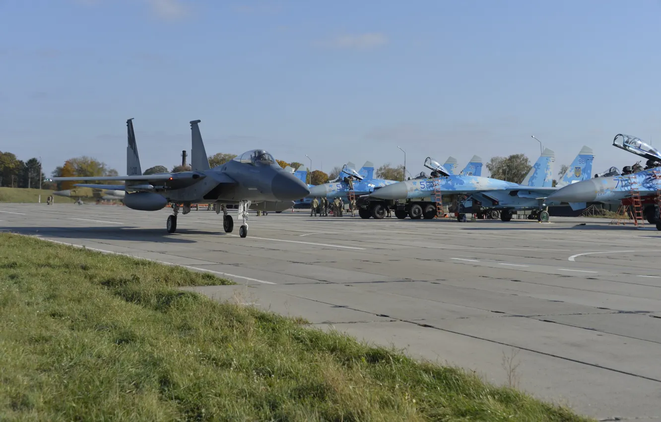 Photo wallpaper Ukraine, USAF, Su-27, F-15C Eagle, Ukrainian air force