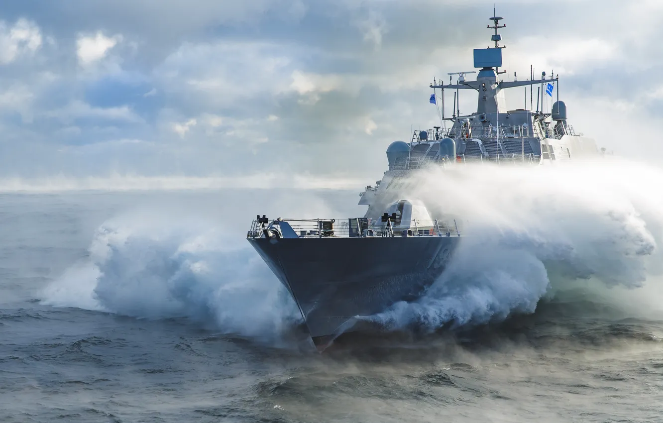 Photo wallpaper Sea, Fog, Ship, Wave, Squirt, Frost, US NAVY, Type "Freedom"