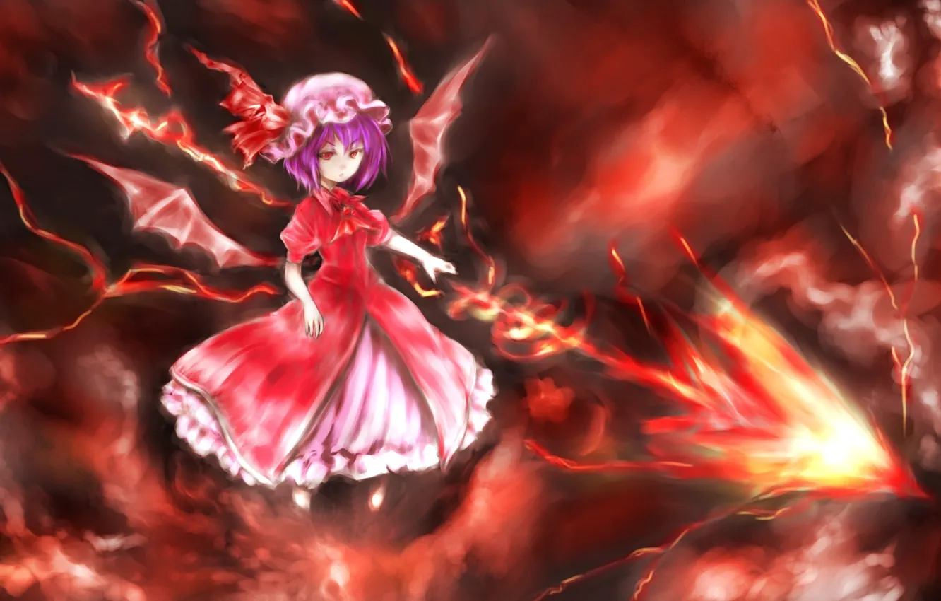 Photo wallpaper flame, wings, spear, red eyes, art, vampire, Touhou Project, Remilia Scarlet