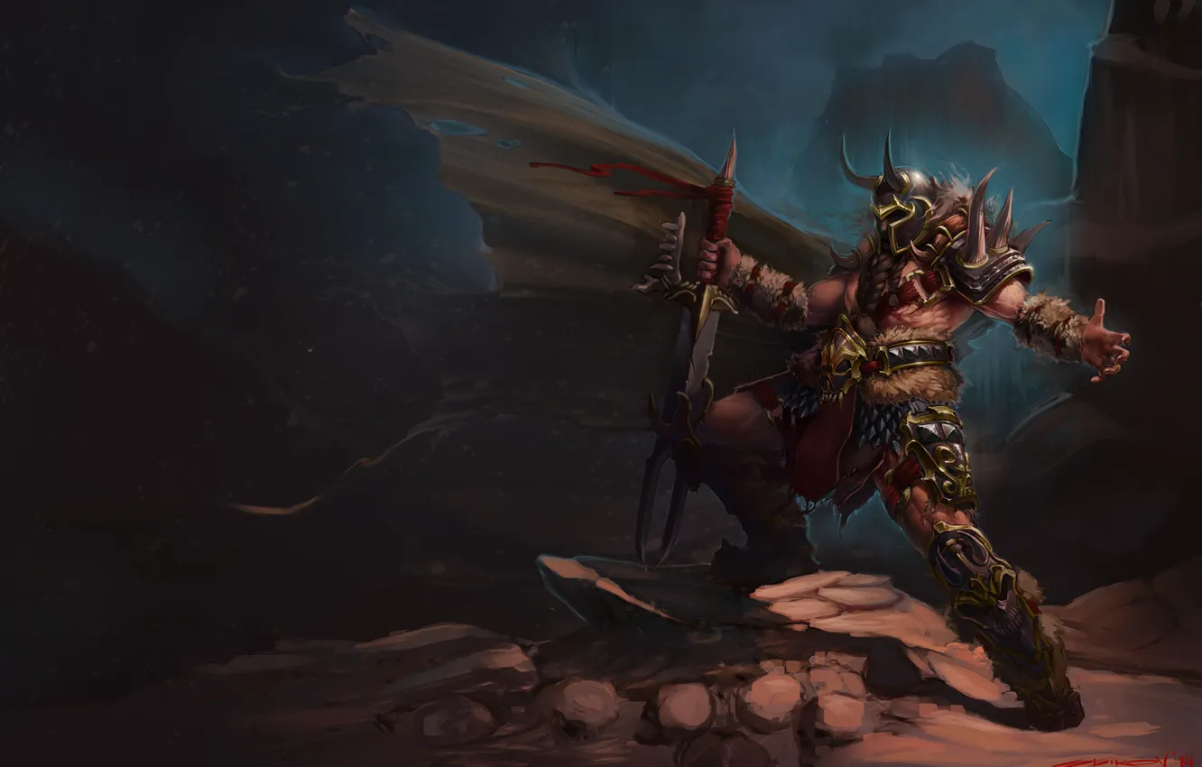 Photo wallpaper pose, the wind, sword, warrior, spikes, cloak