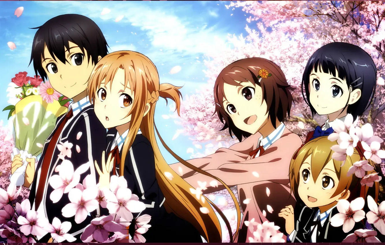 Photo wallpaper bouquet, Sakura, form, flowering, art, friend, sword art online, kirito