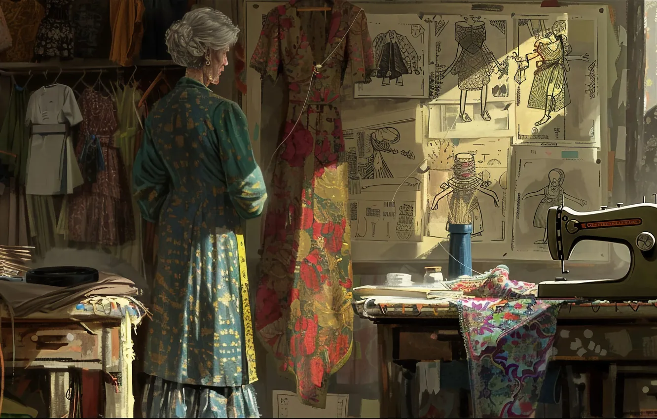 Photo wallpaper table, grandma, sketch, designer, seamstress, digital art, fashion designer, sewing machine