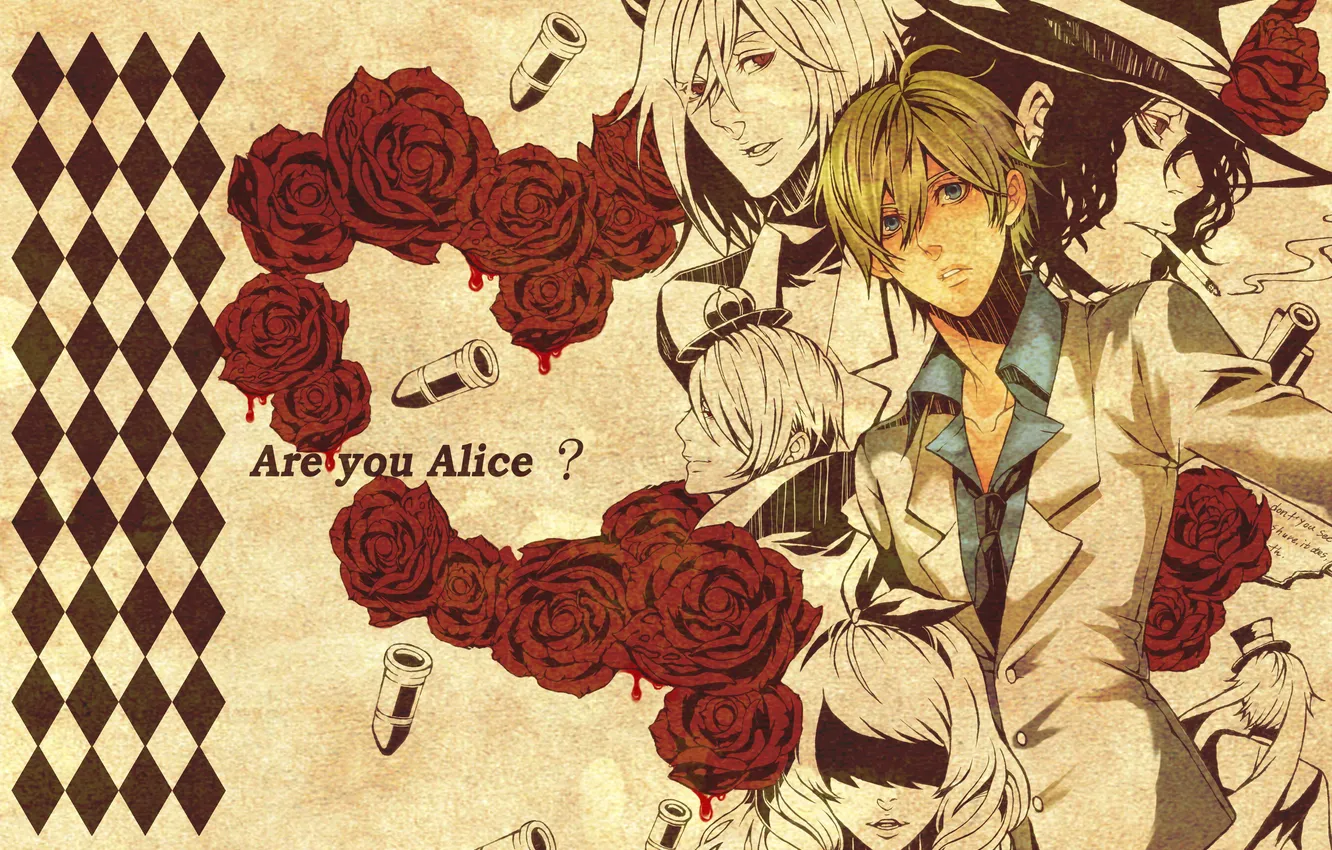 Photo wallpaper roses, bullets, guys, Alice, manga, Cheshire cat, Hatter, Alice