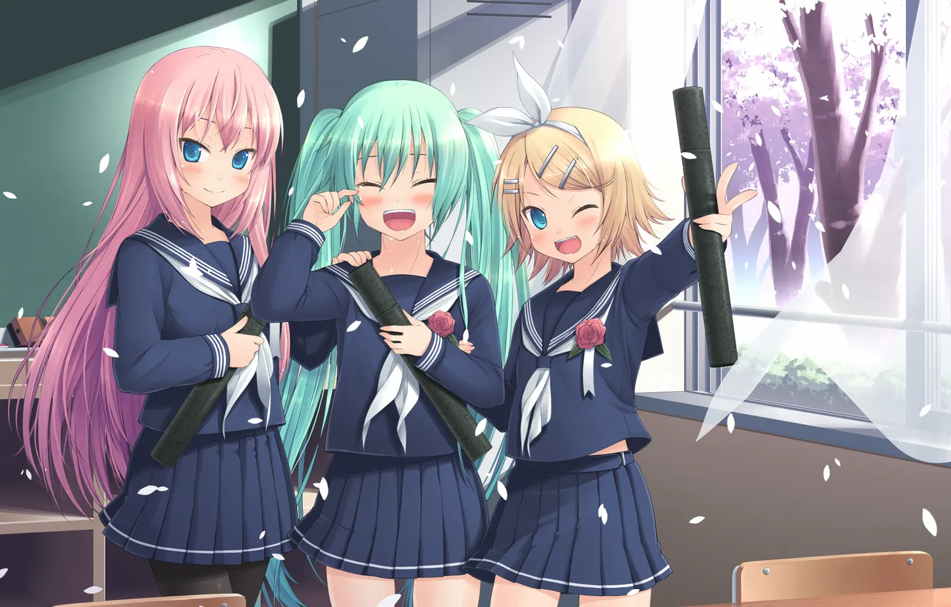 Photo wallpaper girl, trees, Board, petals, Sakura, art, schoolgirl, vocaloid