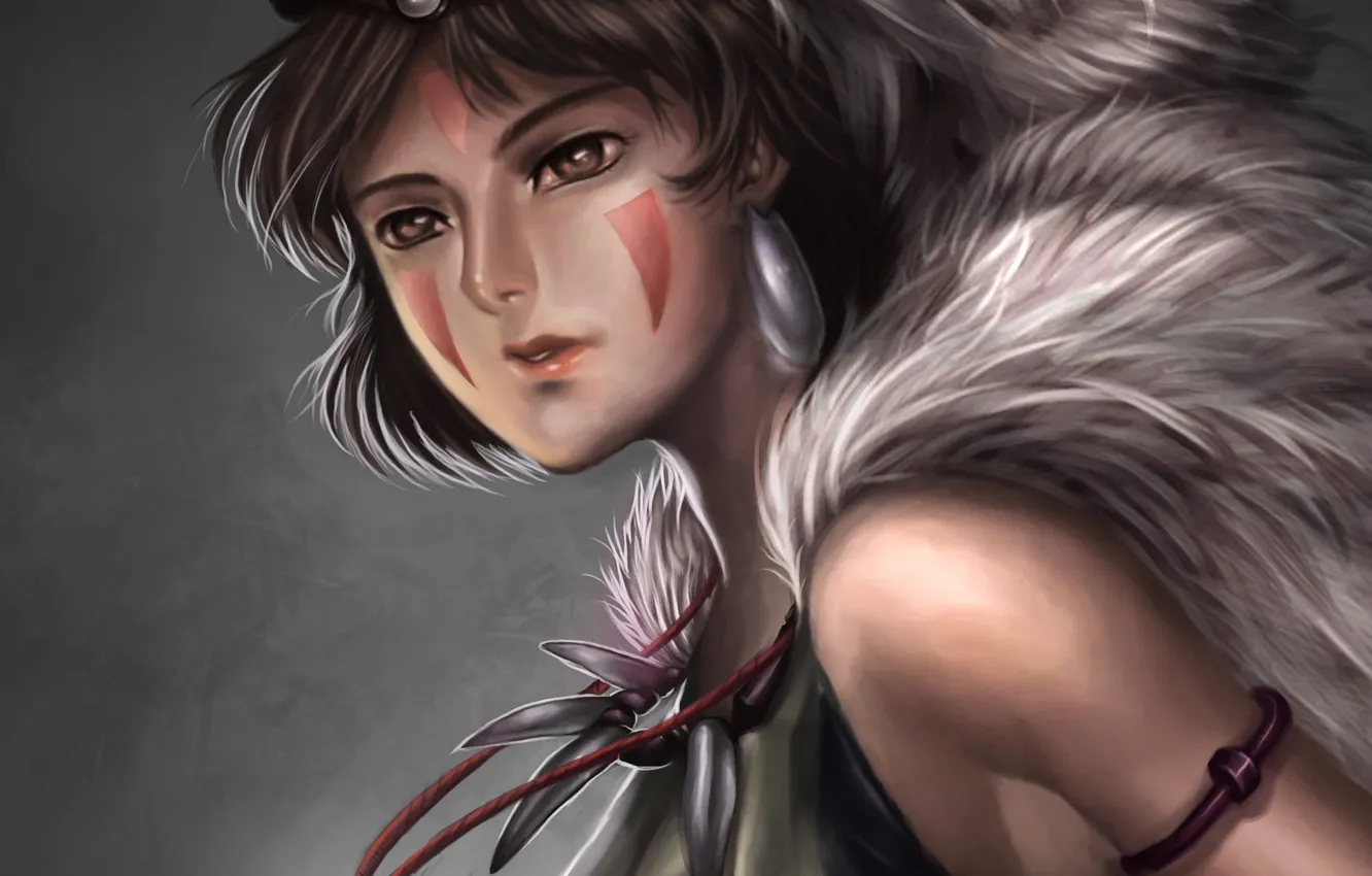 Photo wallpaper girl, background, mask, art, pendant, fur, Princess Mononoke, mononoke hime