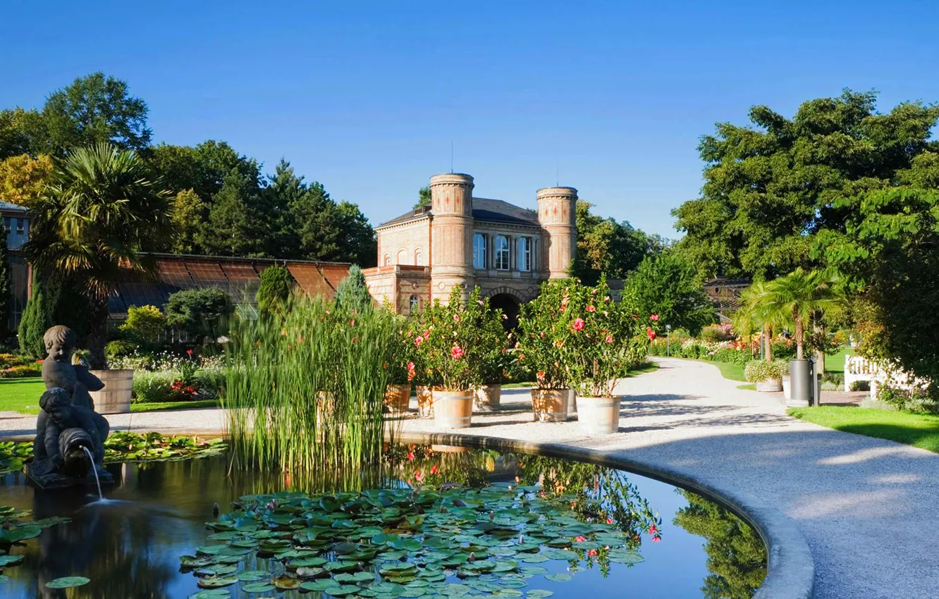 Photo wallpaper flowers, pool, Germany, fountain, Baden-Württemberg, Botanical garden, Karlsruhe