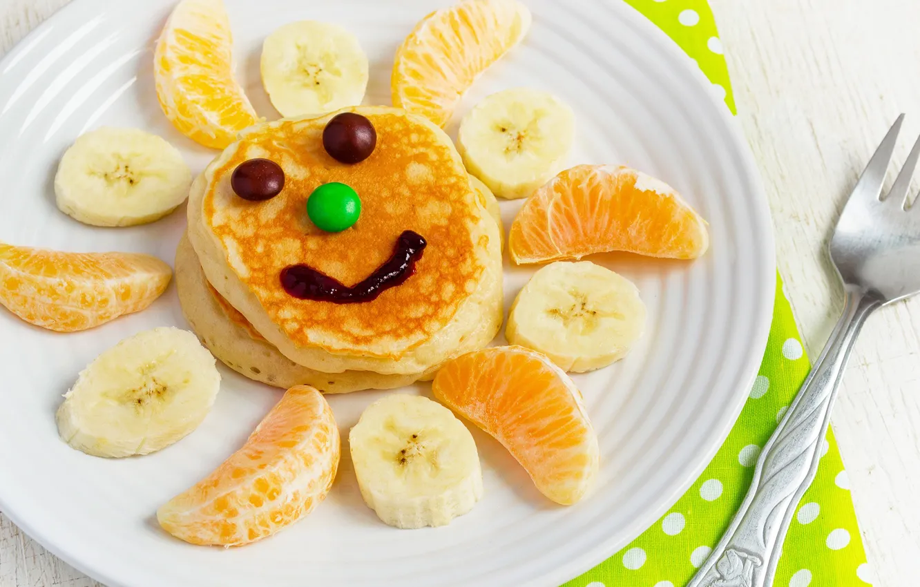 Photo wallpaper smile, banana, pancakes, tangerines