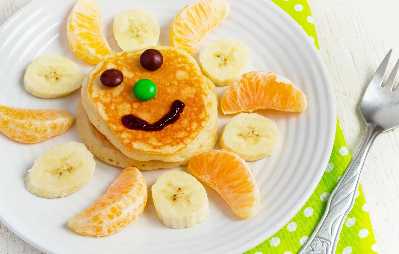 Photo wallpaper smile, bananas, pancakes, tangerines