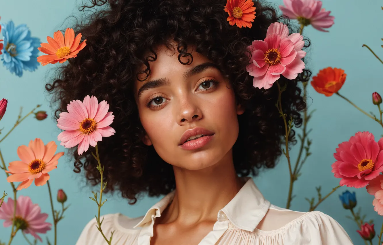 Photo wallpaper look, girl, flowers, hair, digital art, AI art, The Art of Artificial Intelligence, neural network