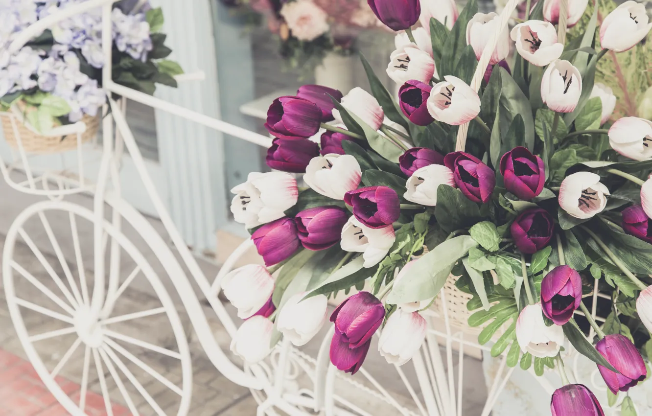Photo wallpaper flowers, bike, retro, bouquet, flowers, floral