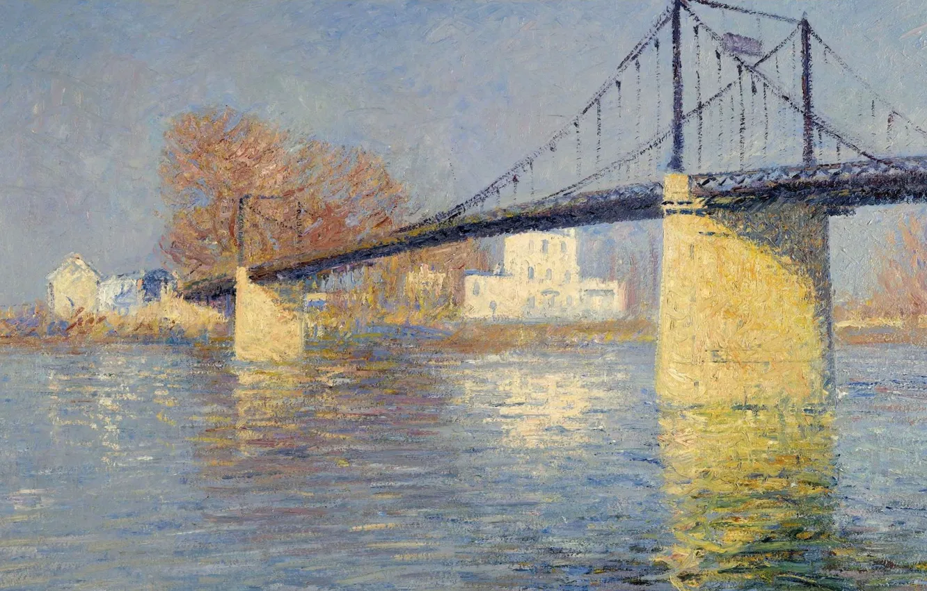 Photo wallpaper landscape, river, picture, support, Gustave Loiseau, Gustave Loiseau, Suspension Bridge in Triel-Sur-Seine
