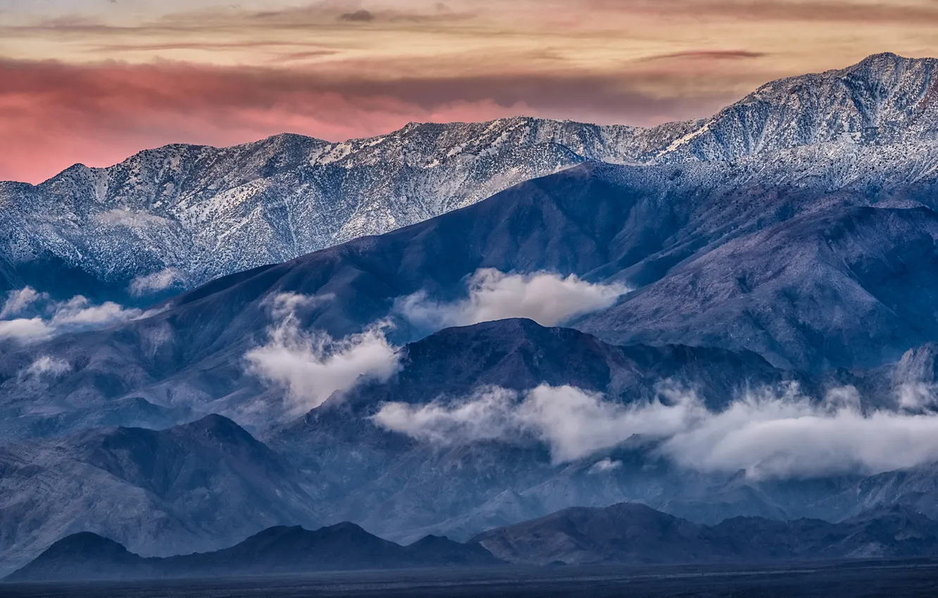 Photo wallpaper the sky, clouds, snow, mountains, tops, height, slope, haze