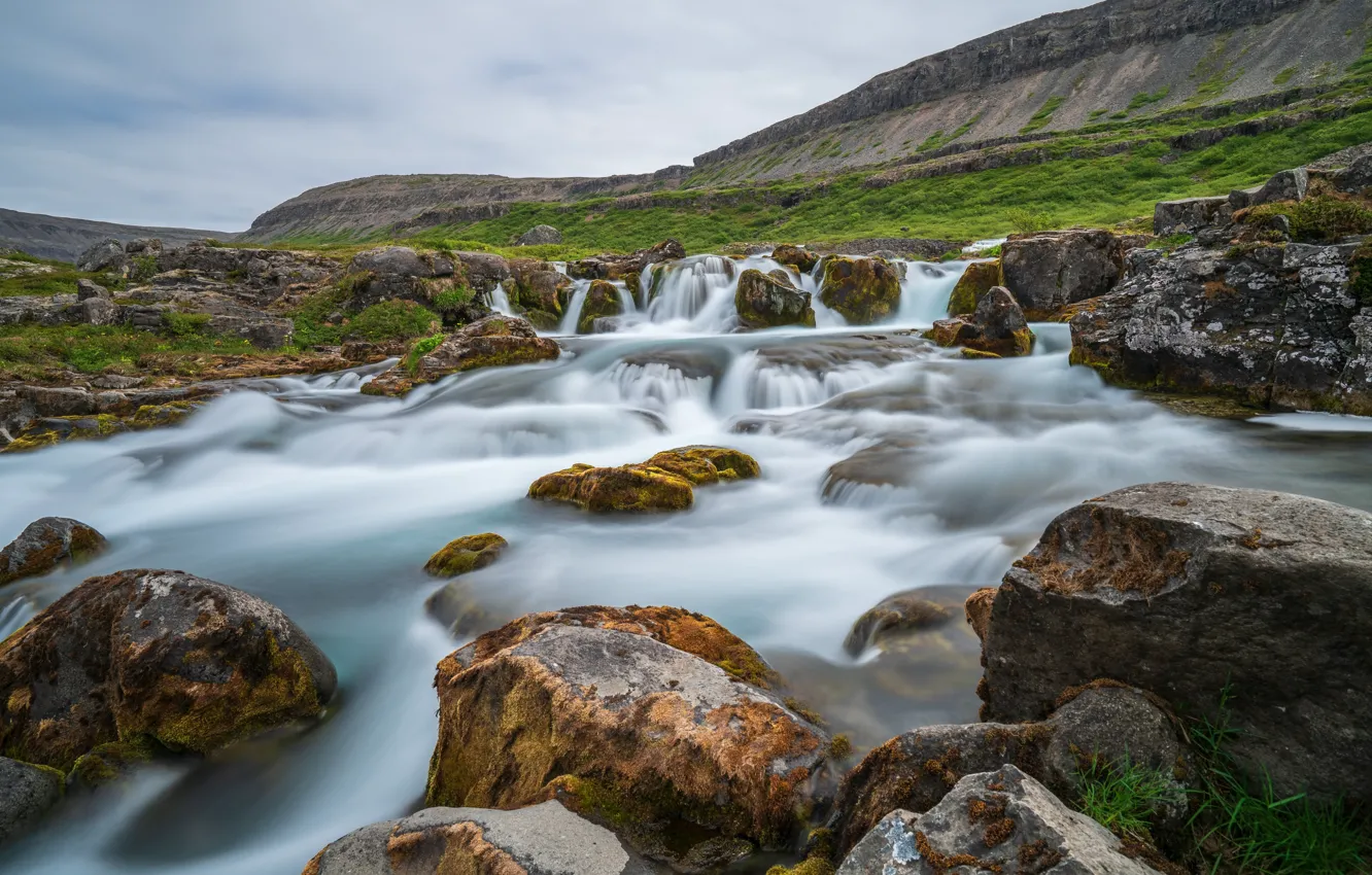 Photo wallpaper photo, Nature, Mountains, River, Stones, Iceland, Waterfall, Waterfalls