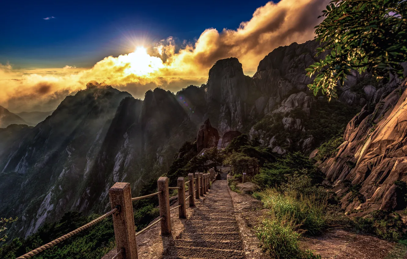 Photo wallpaper the sun, clouds, mountains, rocks, China, steps