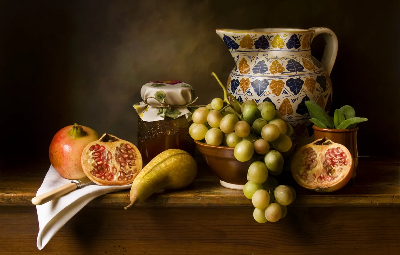 Photo wallpaper grapes, pear, pitcher, jam, garnet