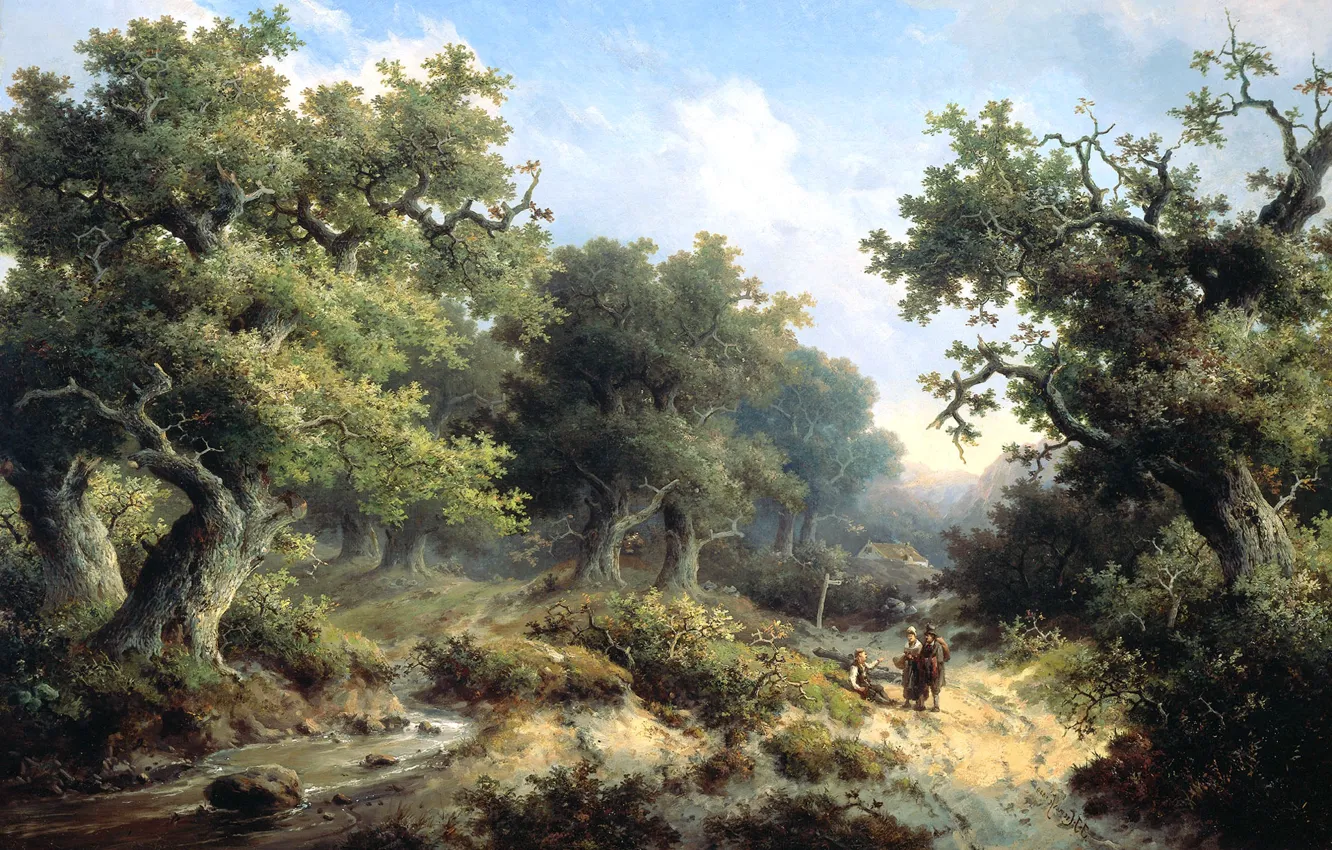 Photo wallpaper trees, nature, stream, stones, picture, Jacob Johannes Cremer, Forest Landscape with Travellers