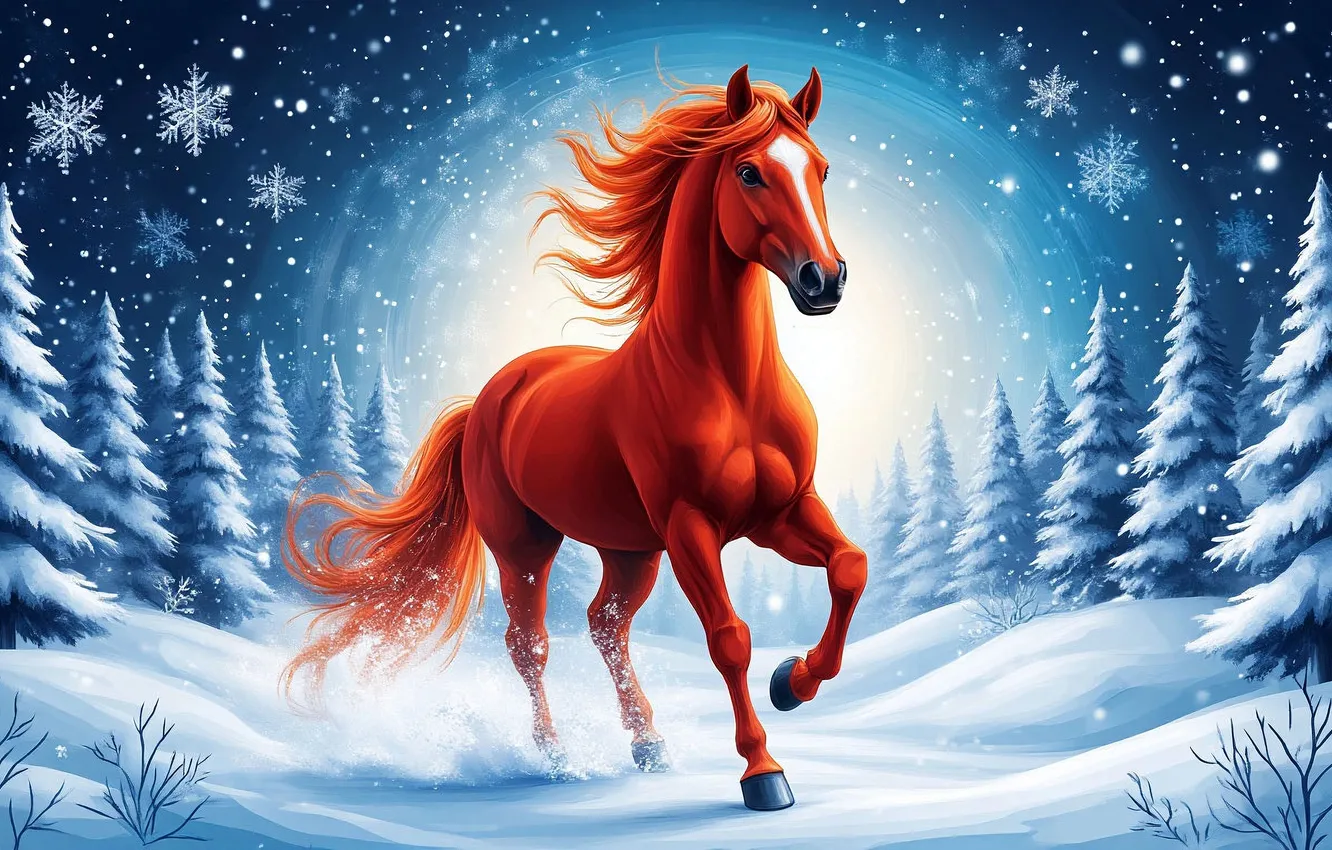 Photo wallpaper winter, field, snow, snowflakes, night, horse, horse, new year