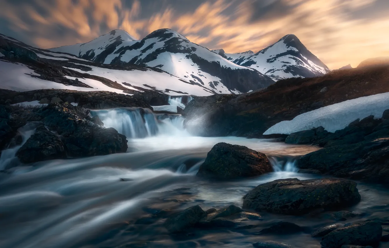 Wallpaper snow, mountains, river, stones, waterfall, Norway, Norway ...