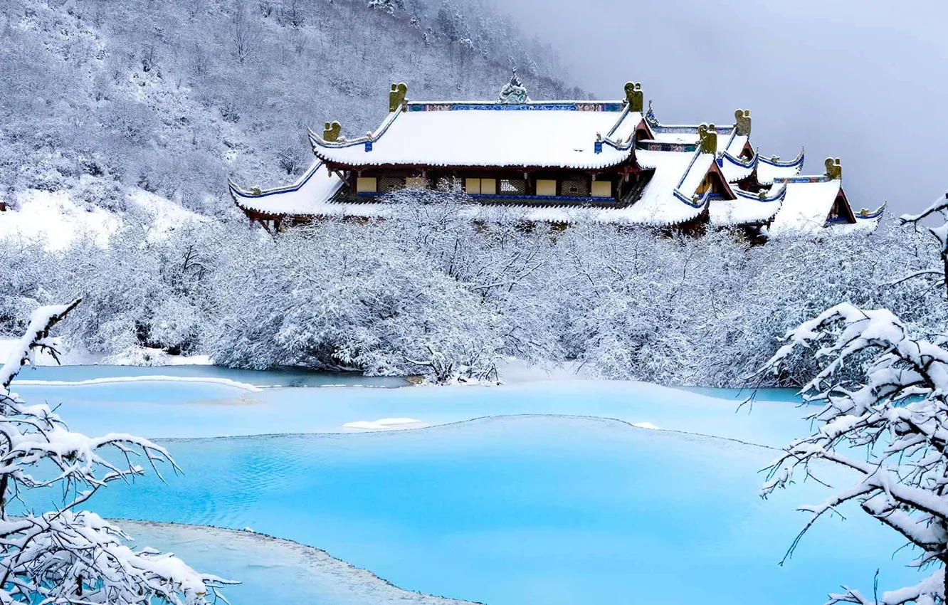 Photo wallpaper winter, snow, mountains, lake, China, temple, Sichuan, Huanglong