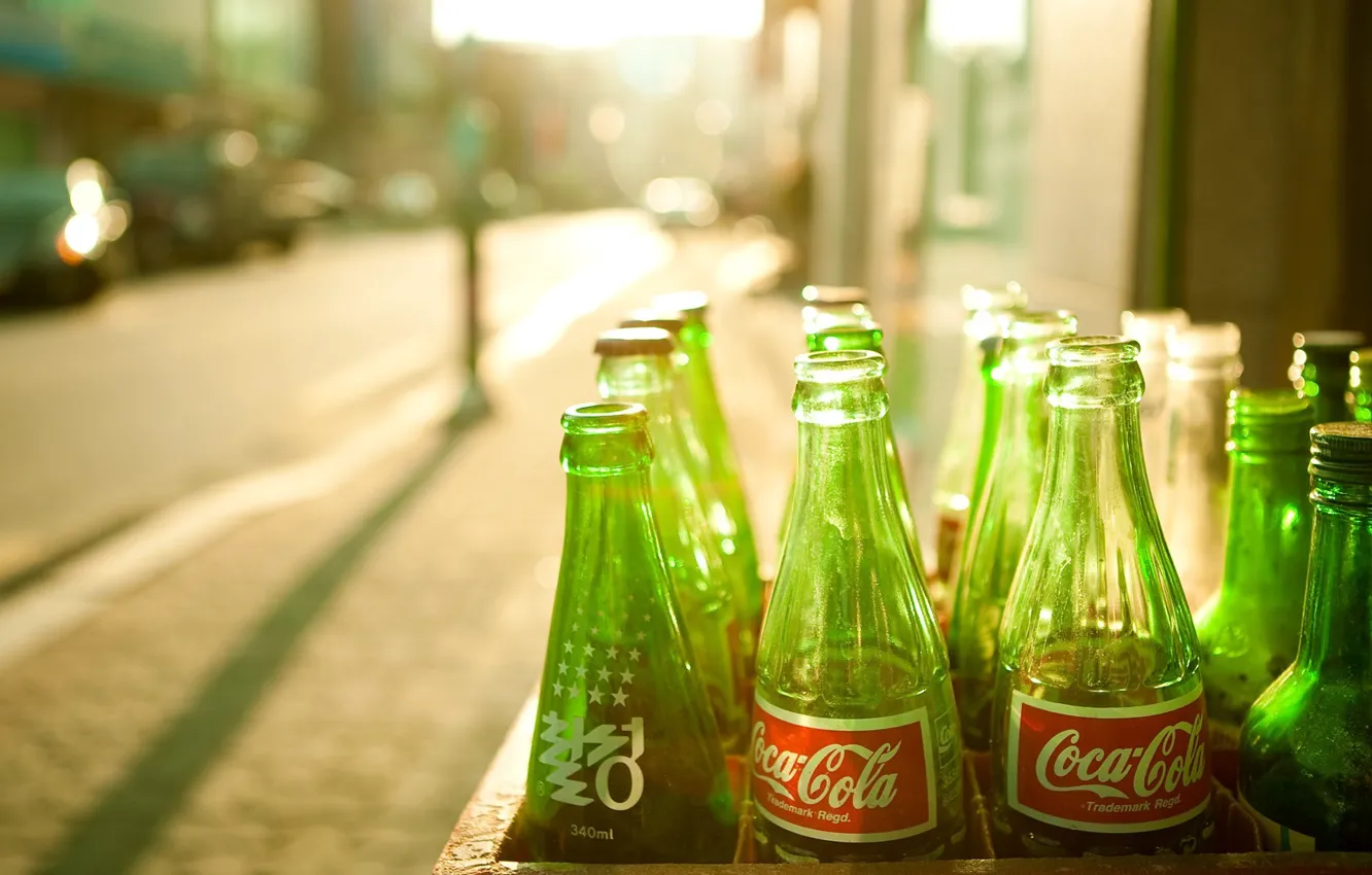 Photo wallpaper the sun, coca-cola, Coca-Cola, green bottle
