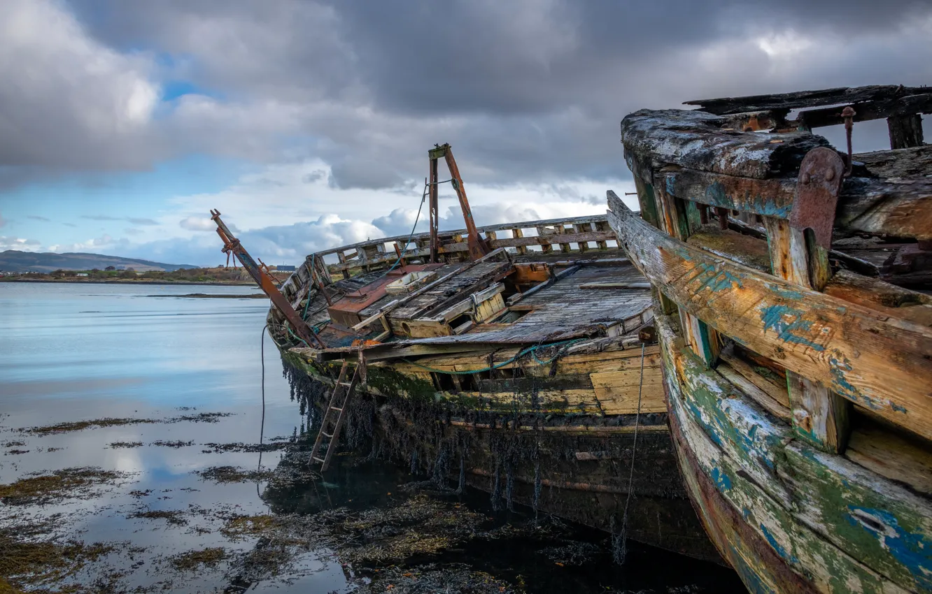 Photo wallpaper clouds, overcast, Board, two, ship, Scotland, rust, wooden