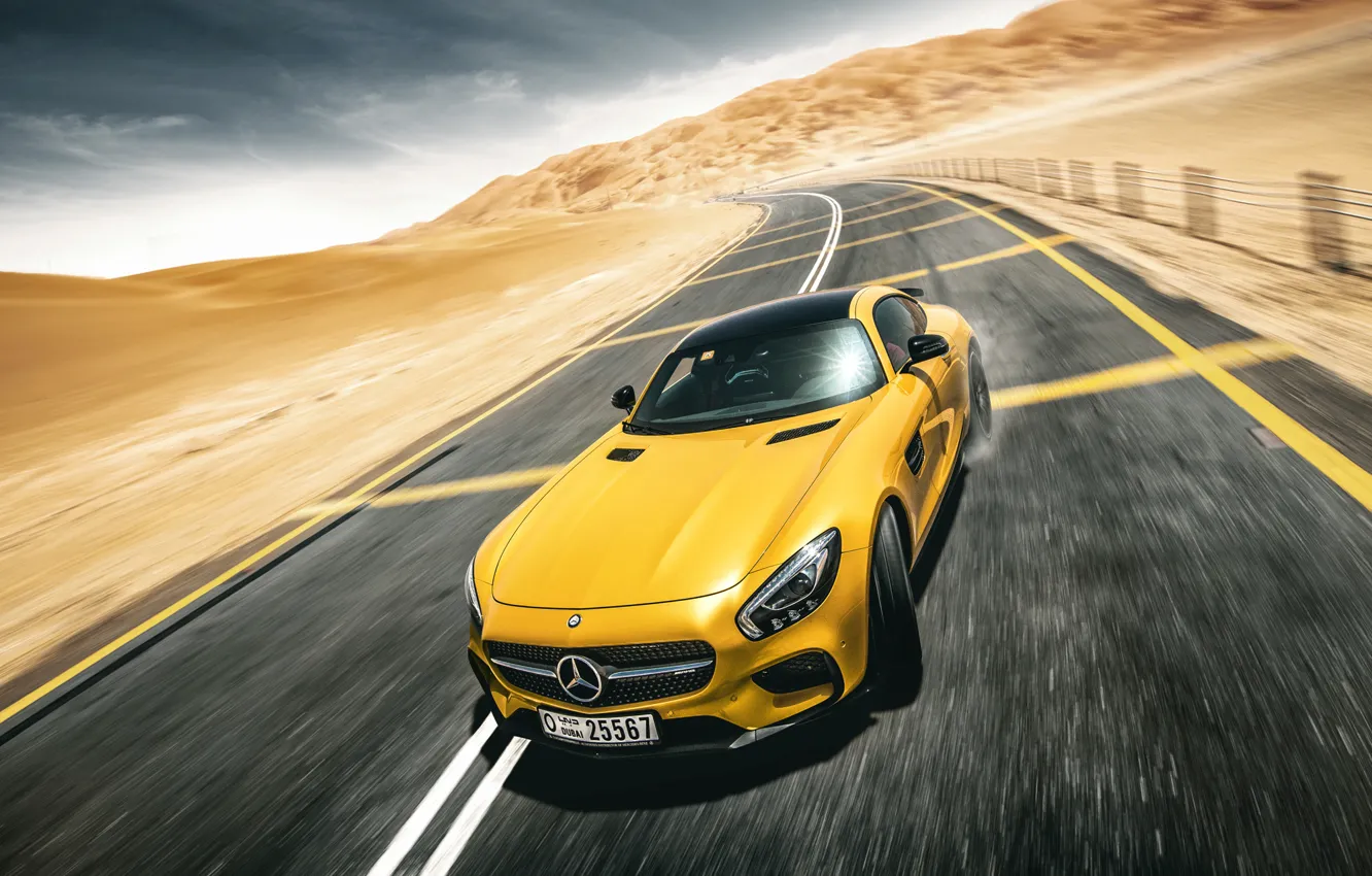 Photo wallpaper Mercedes-Benz, Front, AMG, Yellow, Road, Supercar, Desert, Drifting