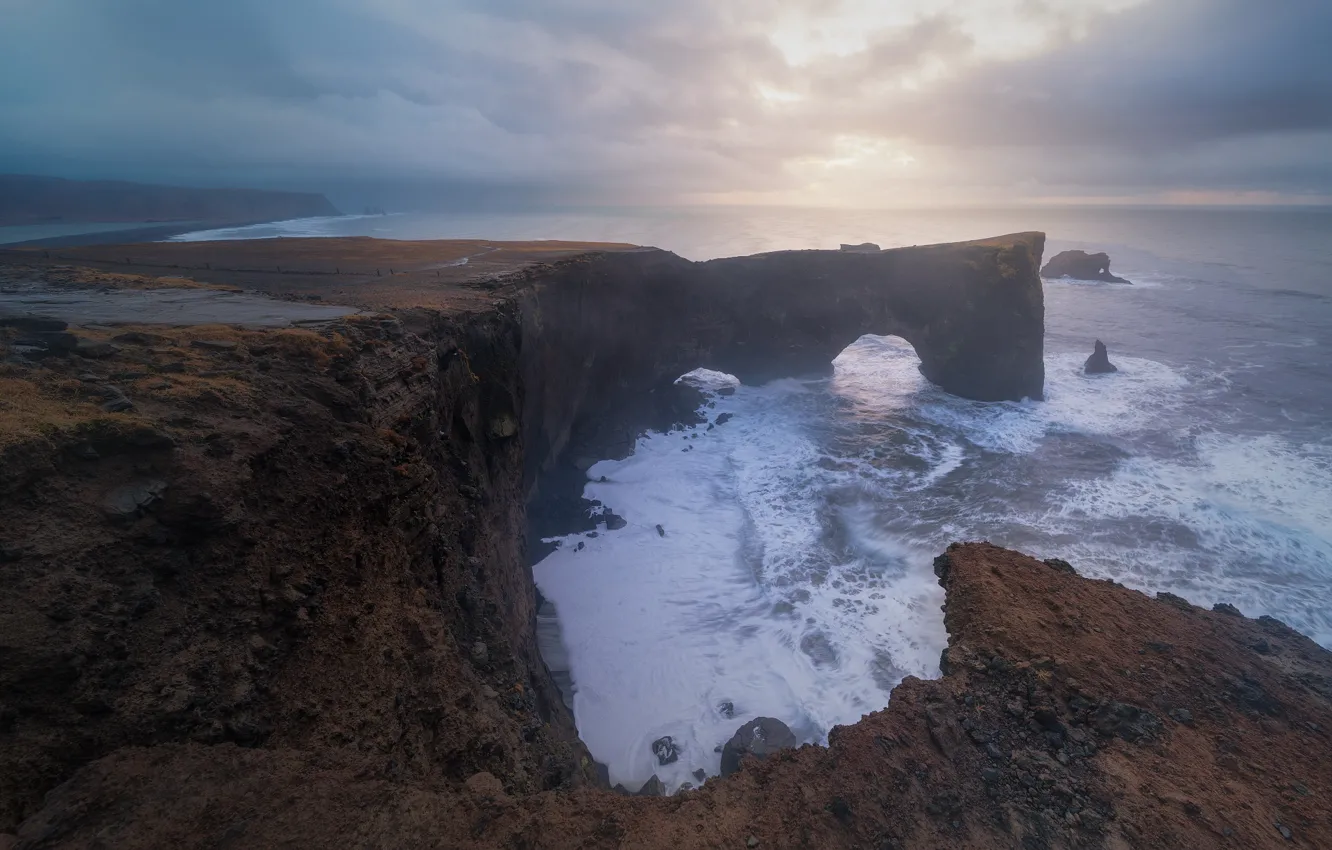 Photo wallpaper sea, wave, clouds, fog, stones, overcast, rocks, shore