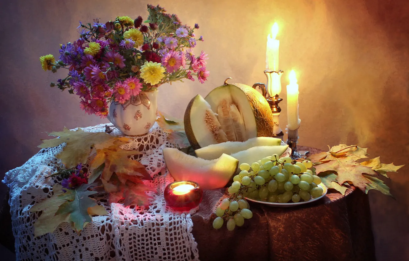 Photo wallpaper autumn, leaves, flowers, lights, table, candles, plate, grapes