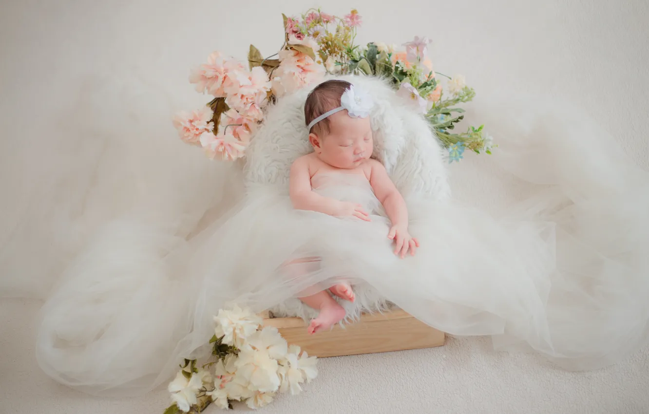 Photo wallpaper flower, flowers, pose, child, sleep, dress, baby, costume
