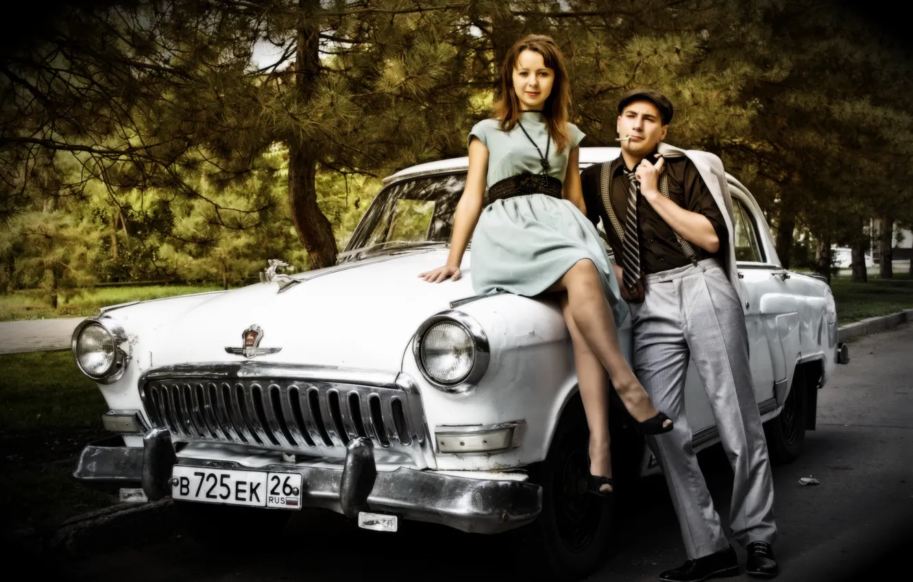 Photo wallpaper machine, retro, pair, retro, Volga, braces, retro car