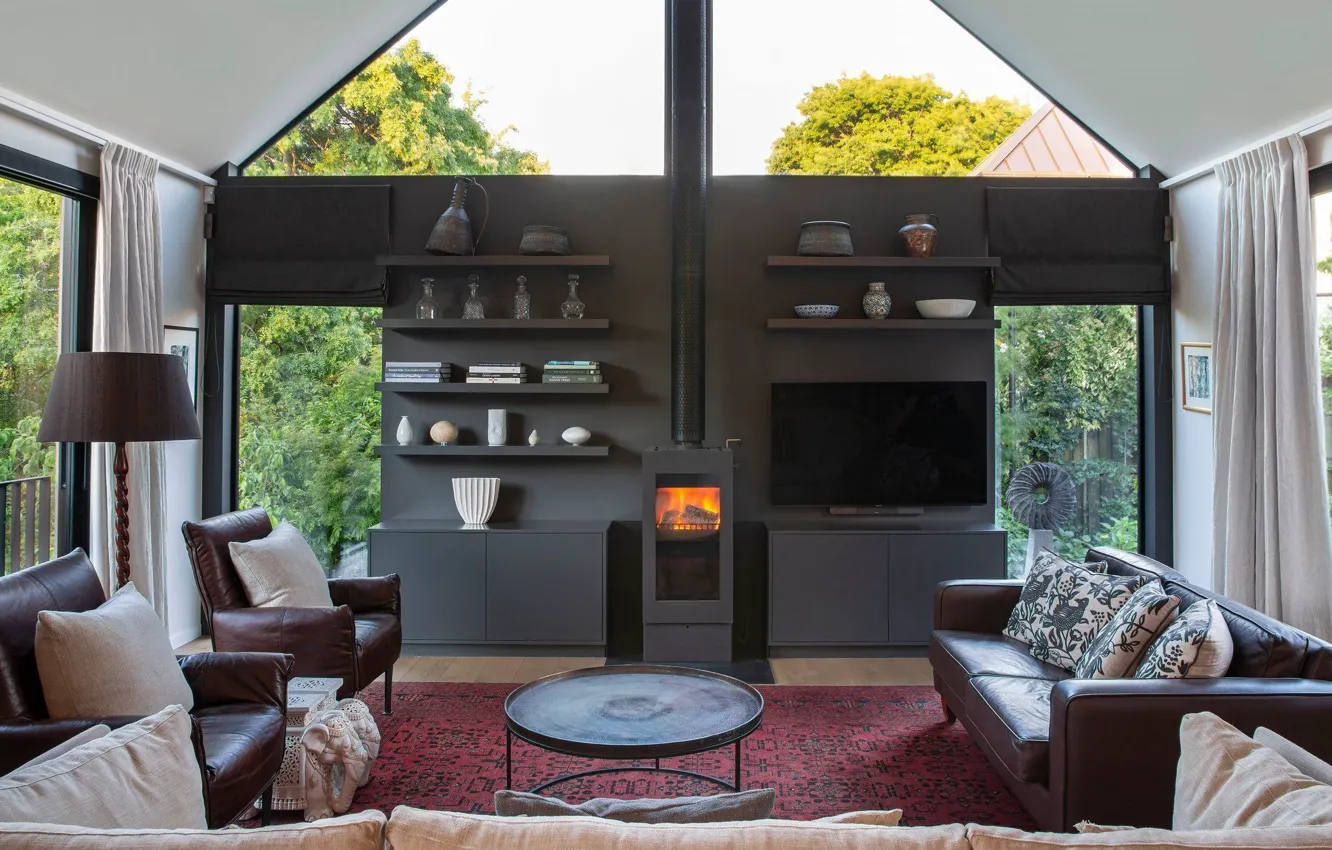 Photo wallpaper design, style, interior, New Zealand, fireplace, New Zealand, living room, Christchurch