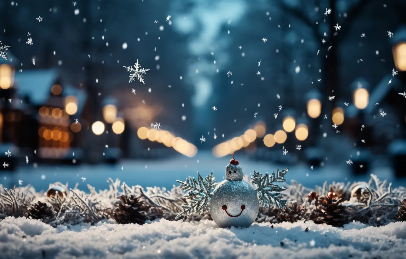 Photo wallpaper snow, decoration, night, balls, new year, Christmas, Christmas, balls